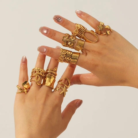 Stainless Steel Open Adjustable Rings For Women Gold Minimalist Flower Star Snake Heart Pattern Waterproof Finger Ring Jewelry Gift