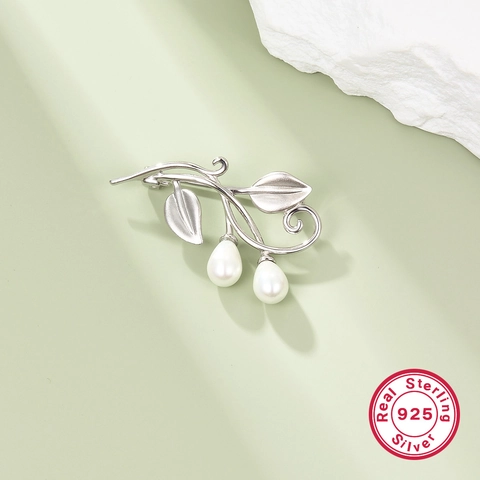 Eleganter 925 Sterling Silber Brosche Für Damen High End Zirkonia Blatt Zweig Design Schimmernde Künstliche Perle Anzug Anstecknadel Schmuck