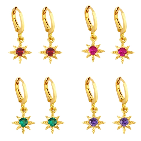North Star Drop Earrings For Women Gold Plated Copper Colorful Zircon Huggie Hoop Starburst Boho Ins Style