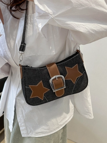 Retro Denim Underarm Bag For Women With Star Patches PU Leather Trim And Large Metal Buckle Y2K Style Shoulder Bag