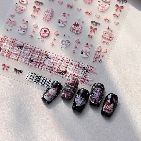 Christmas Nail Art Stickers Snowman Plaid Heart Bow Self Adhesive Ultra Thin Winter Holiday Matte Nail Decals