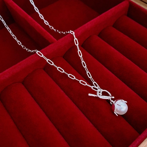 Minimalist Faux Artificial Pearl Pendant Necklace With Copper Paperclip Chain And Toggle Clasp Elegant Silver Color Jewelry For Women