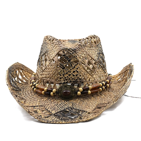Handmade Western Cowboy Straw Hat Wide Brim Sun Protection Beach Woven Beaded Band For Men Women