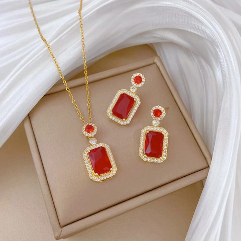 Retro Rechteck Zirkon Titanstahl Kette Kupfer Halskette Ohrringe Frauen Eleganter Luxus Schmuck Silver Earring Post