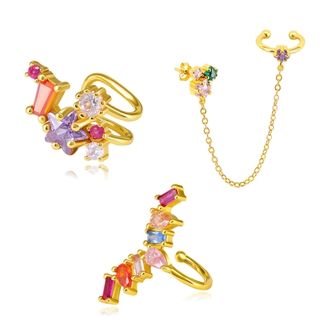 Orecchini Ear Cuff In Rame Geometrico Con Zirconi Colorati E Perno In Argento Gioielli Di Moda Per Donne