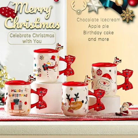 Tazza Di Natale In Ceramica Con Cucchiaio Di Renna E Coperchio Con Manico A Fiocco Rosso Babbo Natale Pupazzo Di Neve