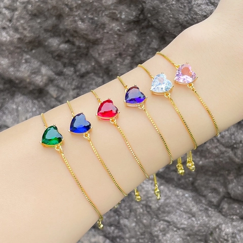 Women Gold Plated Copper Heart Zircon Bracelet Adjustable Slider Box Chain Minimalist INS Style Luxury Elegant Jewelry