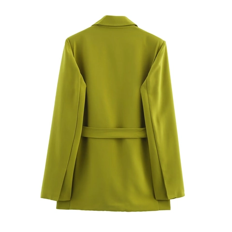 Damen Business Casual Blazer Und Hose Büro Streetwear Solid Grasgrün Langarm Gürtel Revers Outfit