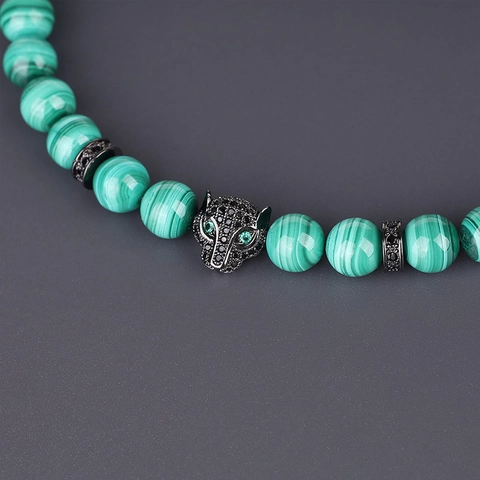 Bracelet Perles Pierre Naturelle Tête De Léopard Charme Corde Tissée Ajustable Micro Pave CZ Bijoux Pour Hommes Femmes