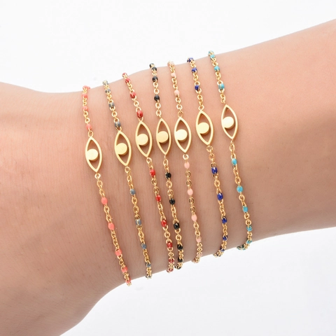 Bracelet Breloque Œil De Turquie Maman Lune Ananas Éclair Acier Inoxydable Plaqué Or Perles Émail Ajustable Bijoux Boho