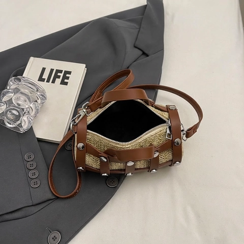 Woven Straw Barrel Bag With PU Leather Cage And Rivet Decor Cylindrical Crossbody Shoulder Handbag