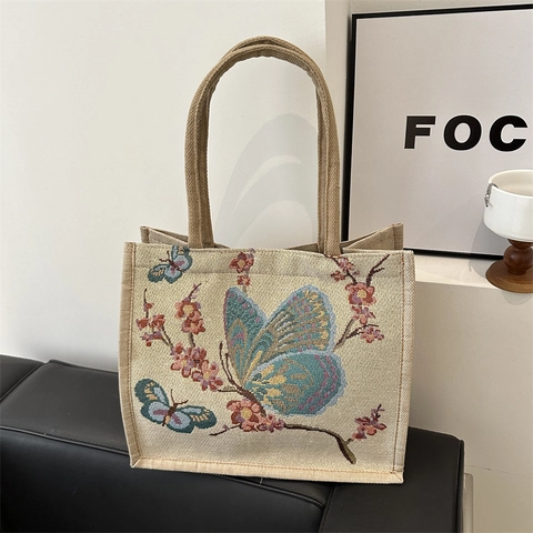 Borsa Tote Etnica Donna Cotone Lino Ricamato Motivo Panda Farfalla Borsa A Mano Retrò Viaggio Spalla Manico Corda