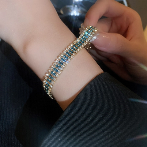 Bracciale Tennis Retro Light Luxury In Lega Dorata Con Strass Blu Bianchi Fibbia Geometrica Donna Moda Elegante