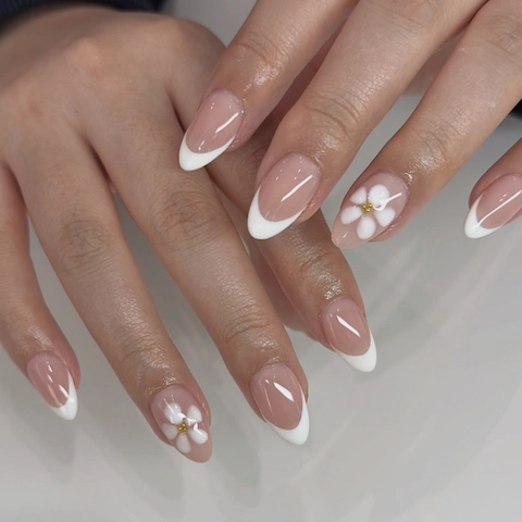 French White Tip Press On Nails Almond Shape With Floral Design And Gold Beads Elegant Minimalist False Nails For Women