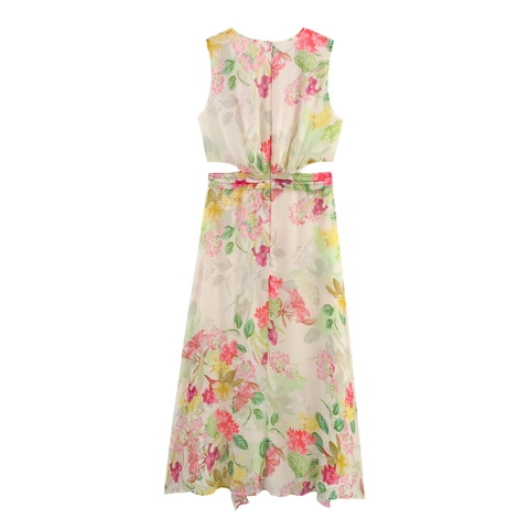 Mouwloze Maxi Jurk Met Bloemenprint V-Hals Taille Cut-Out Ruches Elegant Zoet Polyester Voor Dames