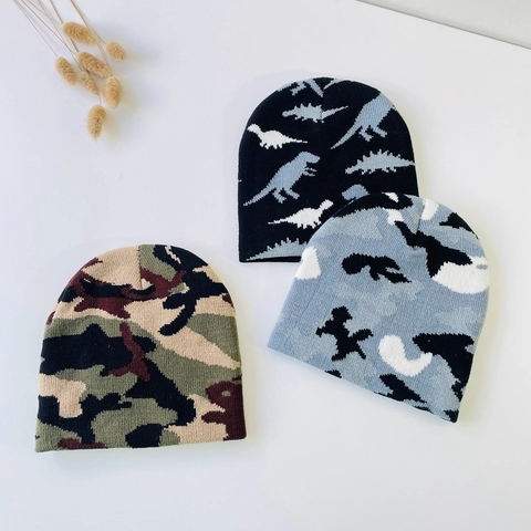 Baby Knit Beanie Hat Acrylic Dinosaur Pattern Camouflage Print Winter Warm Outdoor Thermal Headwear For Infants Toddlers