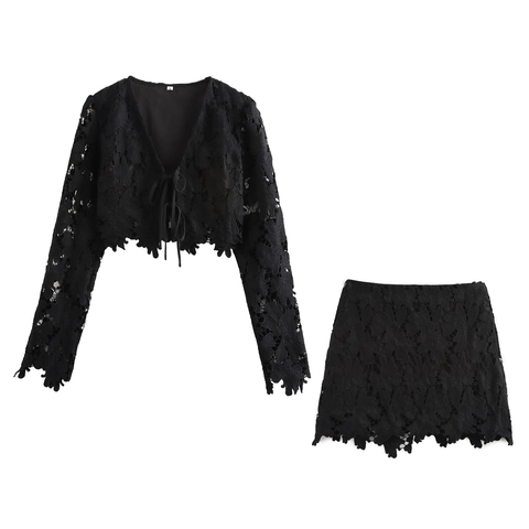 Sexy Zwart Kant Lange Mouw V-Hals Veters Cardigan Top En A-Lijn Minirok Bloemen Jacquard Voor Dames