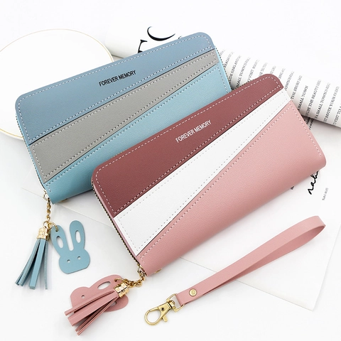 Portefeuille Long Zippé Pour Femme En Cuir PU Design Patchwork Color Block Avec Pompon Et Emplacements Cartes