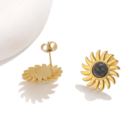 Sunburst Sunflower Stud Earrings Stainless Steel With Natural Stone Inlaid Gold Plated Retro Ethnic Style For Women Men