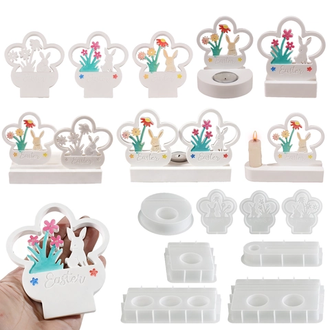 Easter Bunny Silicone Mold For Resin Plaster Candle Holder Desktop Decoration Flower Pattern Rabbit Design