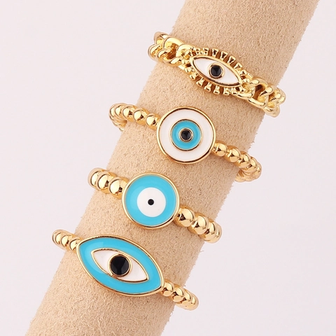 Evil Eye Offener Ring Gold Plattiertes Messing Emaille Verstellbar Perlen Gliederkette Mode Schmuck Damen