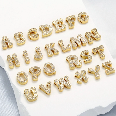 Micro Pave Cubic Zirconia Alphabet Initial Letter Charms Brass 18K Gold Plated Slider Beads For DIY Jewelry Making