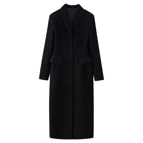 Women Long Slim Fit Woolen Coat Elegant Lapel Single Breasted Autumn Winter Outerwear Solid Casual Fashion