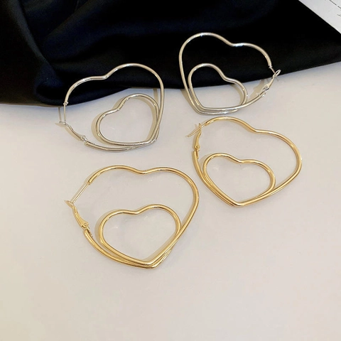 Exaggerated Double Layer Hollow Heart Hoop Earrings With Silver Earring Post Alloy Metal Personalized Statement For Women
