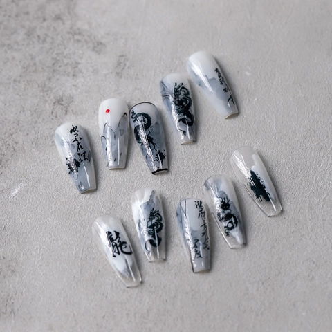 Nail Art Stickers Chinese Inkt Schilderen Draak Calligrafie Sumi-e Stijl Zelfklevend Ultradun Waterdicht Manicure