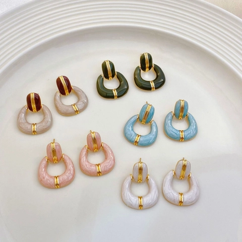 Französische Vintage Goldene Kupfer Emaille Ohrhänger Elegante Geometrische U-Förmige Marmormuster Schmuck Für Damen Täglich Party Geschenk
