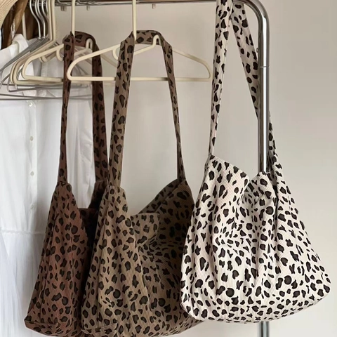 Borsa Tote Vintage In Velluto A Coste Con Stampa Leopardata Grande Capacità Borsa A Tracolla Casual Motivo Animale
