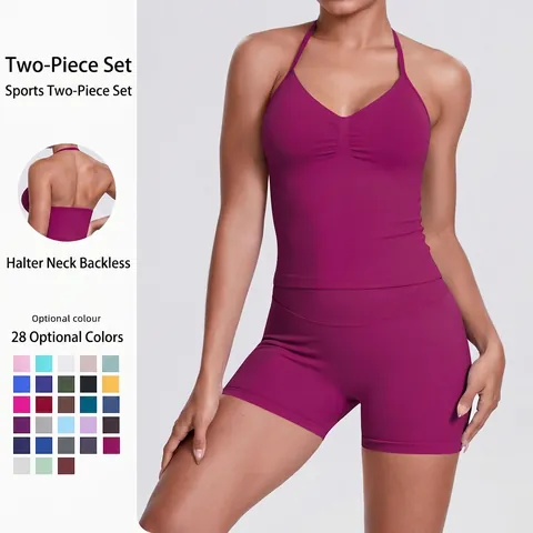 Conjunto Yoga Deporte Camiseta Halter Y Pantalones Cortos Cintura Alta Sin Costuras Canalé Ropa Deportiva Color Sólido