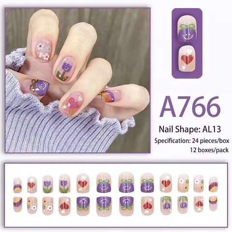 Glossy Press On Nails Short Round Full Cover Cartoon Tulip Rainbow Heart Pattern Matcha Green Fake Nails With Glue