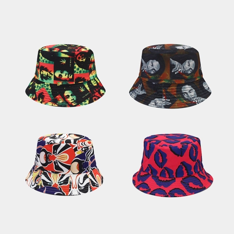 Reversible Bucket Hat Polyester Sunshade Breathable Street Fashion Graffiti Printed Unisex Outdoor Sun Hat
