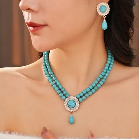 Vintage Double Layer Faux Artificial Pearl Turquoise Necklace Earrings Teardrop Rhinestone Elegant Jewelry Women Accessory
