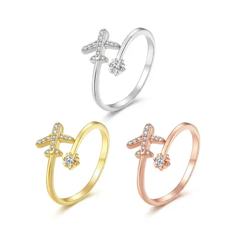 S925 Sterling Silver Airplane Star Zirconia Open Ring For Women Adjustable Travel Aviation Theme Jewelry Gift Trendy Silver Gold Rose Gold Ring