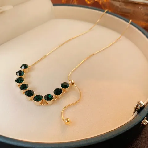 Smaragdgroene Zirkoon Hanger Ketting Verguld Koper Slangenketting Verstelbare Schuifgesp Retro Luxe Sieraden Voor Vrouwen