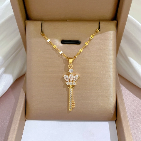 Luxury Crown Key Pendant Necklace Titanium Steel Chain Copper Inlaid Zircon Lucky Clavicle Chain For Women