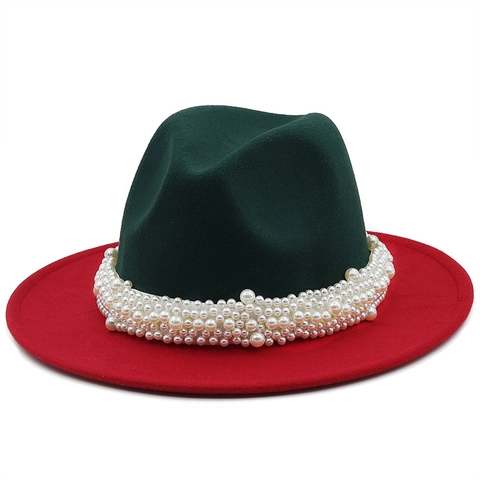 Women's Two-Tone Polyester Felt Fedora Hat With Artificial Pearl Ribbon Band Elegant Patchwork Jazz Hat For Wedding Party Travel