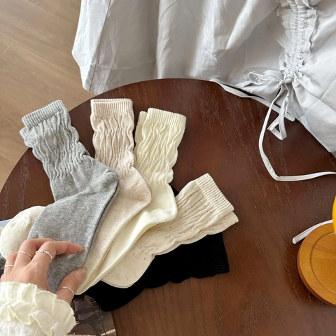 Slouch Socks Women Cotton Knit Ribbed Crew Socks Solid Color Lettuce Trim Japanese Style Soft Breathable Autumn Winter