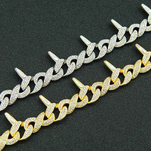 Bracciale Hip Hop da Uomo con Strass Pavé Fibbia a Foglia con Punte Braccialetto Cuban Link Oro Argento Gioielli Streetwear