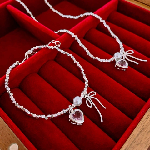 Zircon Heart Bow Hematite Beaded Chain Imitation Artificial Pearl Necklace Bracelet Sweet Elegant Aesthetic Jewelry For Women