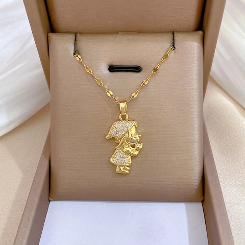 Cartoon Girl Pendant Necklace Gold Plated Titanium Steel Chain Copper White Zircon Clavicle Jewelry Women
