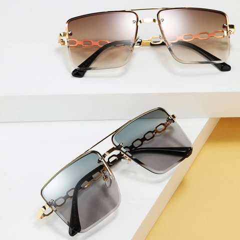 Women Rimless Square Sunglasses Metal Chain Temple Gradient Lens UV400 Retro Vintage Fashion Eyewear