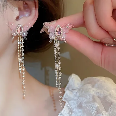 Orecchini Lunghi Con Nappa A Farfalla Rosa Con Strass Perla Artificial Lega Resina E Perno In Argento Gioielli Eleganti Da Donna