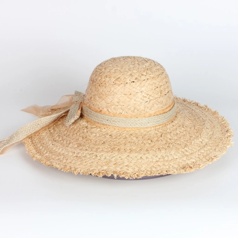 Women Raffia Straw Sun Hat Wide Brim UV Protection Beach Summer Travel Bow Decor Frayed Edge Breathable