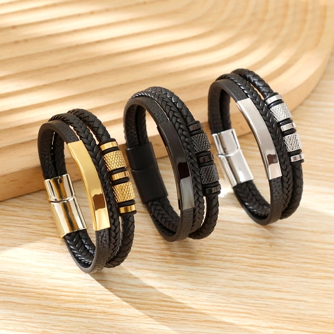 Multi-Layer Hand-Woven Leather Bracelet Geometric Stainless Steel Alloy Magnetic Buckle Fashion Jewelry For Men