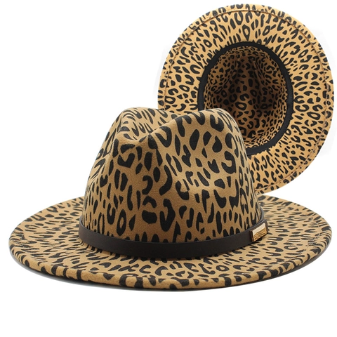 Leopard Print Fedora Hat Wool Felt Wide Flat Brim Jazz Cap With Leather Belt Gold Buckle Retro Style For Men Women
