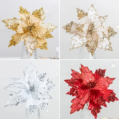 Artificial Poinsettia Flowers With Glitter Sequins For Christmas Tree Decoration Velvet Cloth Festive DIY Ornaments