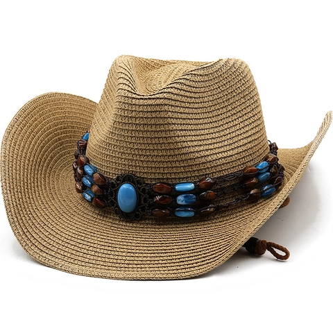 Western Cowboy Straw Hat Ethnic Beadwork Turquoise Decor Wide Brim Sun Protection Breathable Unisex Outdoor Travel